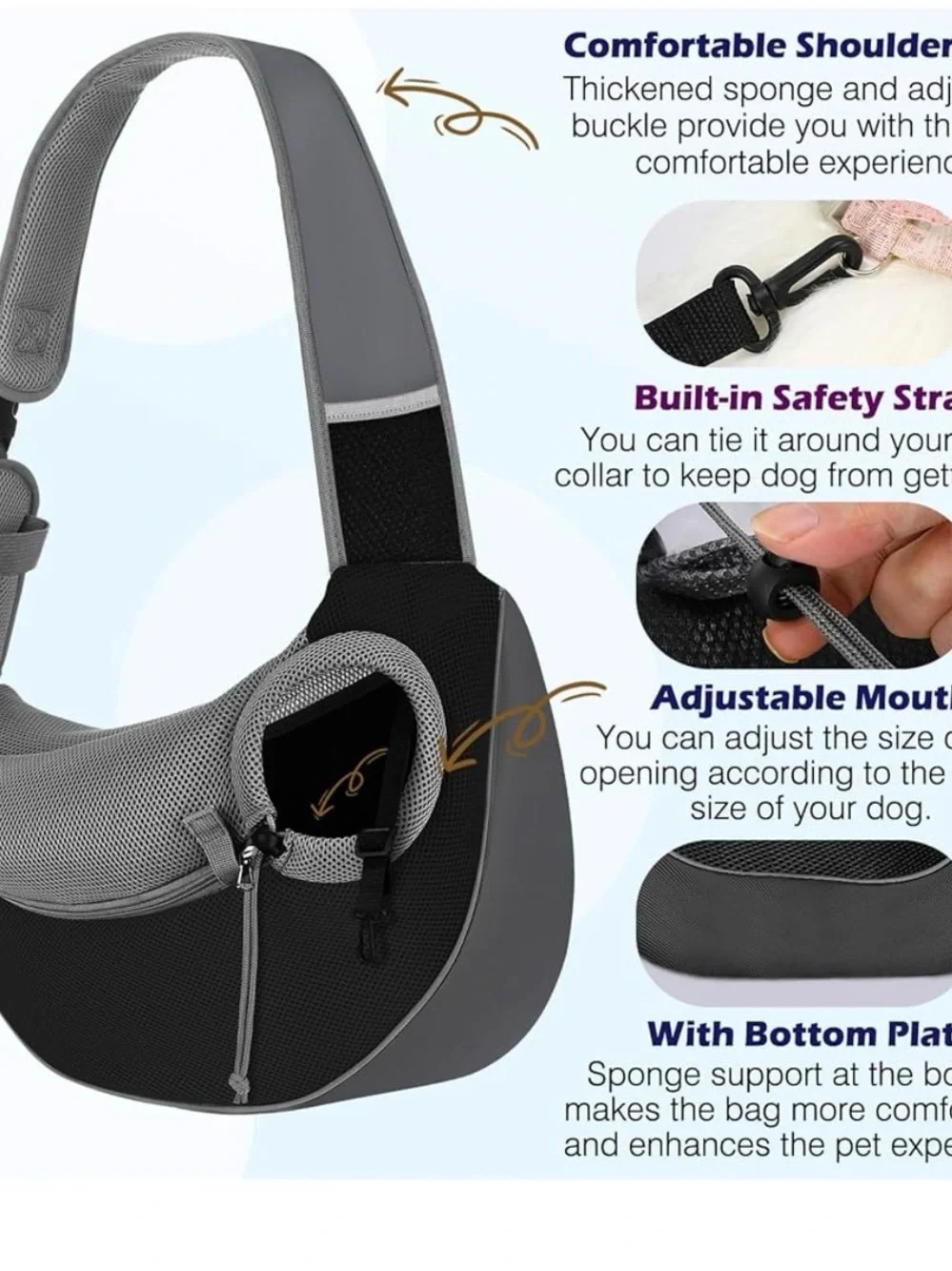 Hands-Free Pet Sling Carrier Chihuahua Yorkie Black/Gray- S to M-- up to 12 lbs
